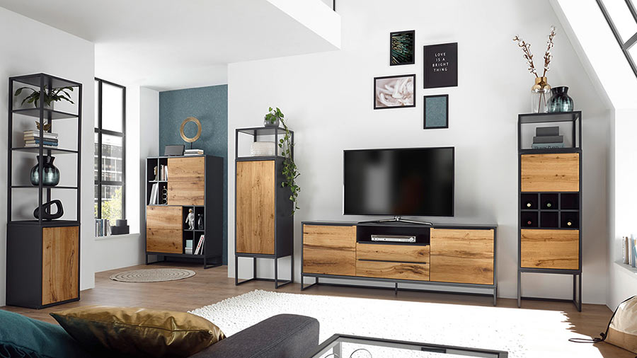 meuble de salon séjour design bois et métal gris laqué